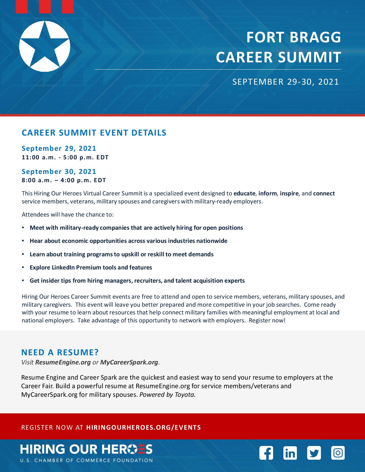 Fort Bragg Career Summit flyer